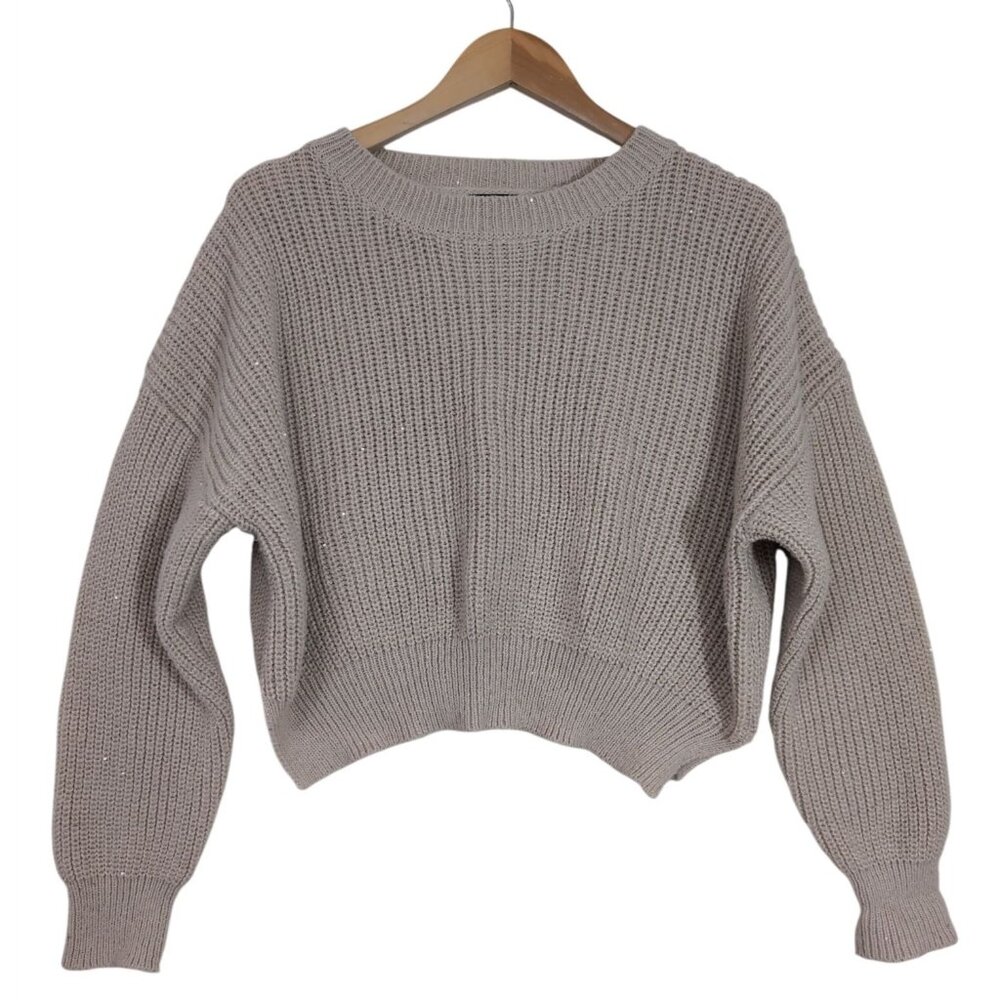 Debut Cropped Crewneck Sweater Womens S/M Beige Sequin Rib Knit Casual Everyday